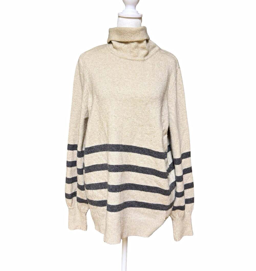 Michael Kors Beige Gray Striped Knit Turtleneck Merino Alpaca Sweater Womens L